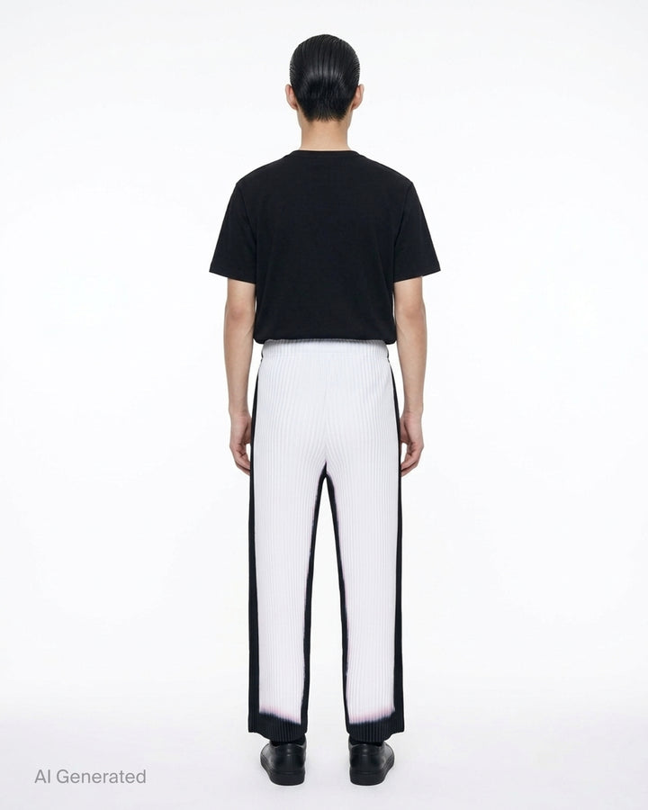 Homme Plissé Issey Miyake Framework : Chusen black pleated pants with a white gradient hem and elasticated waistband, front view - back