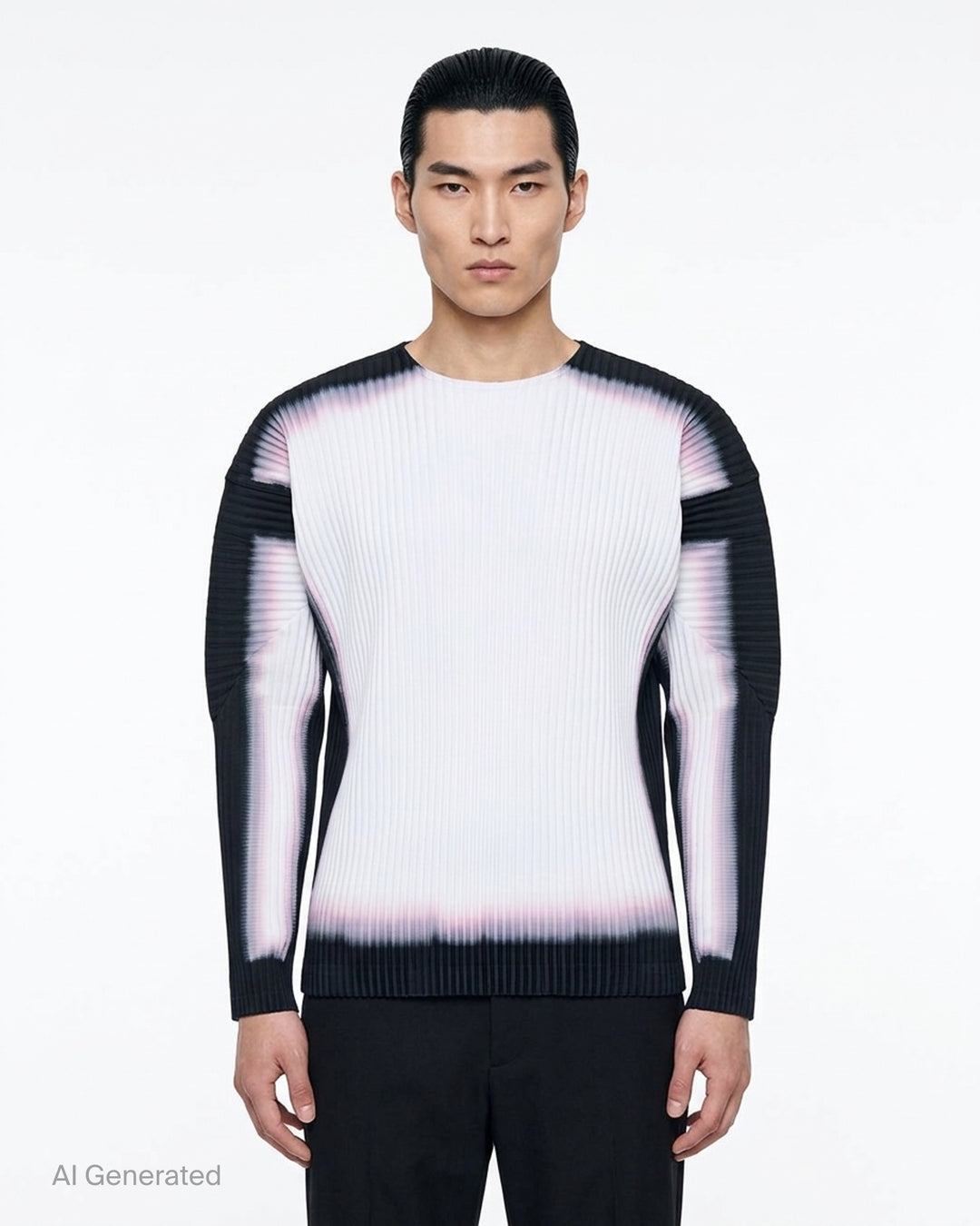 Homme Plissé Issey Miyake Framework : Chusen long sleeve pleated top in black and white with blurred gradient edges - front