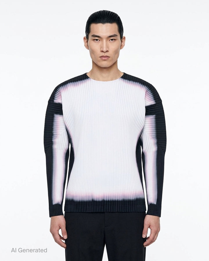 Homme Plissé Issey Miyake Framework : Chusen long sleeve pleated top in black and white with blurred gradient edges - front