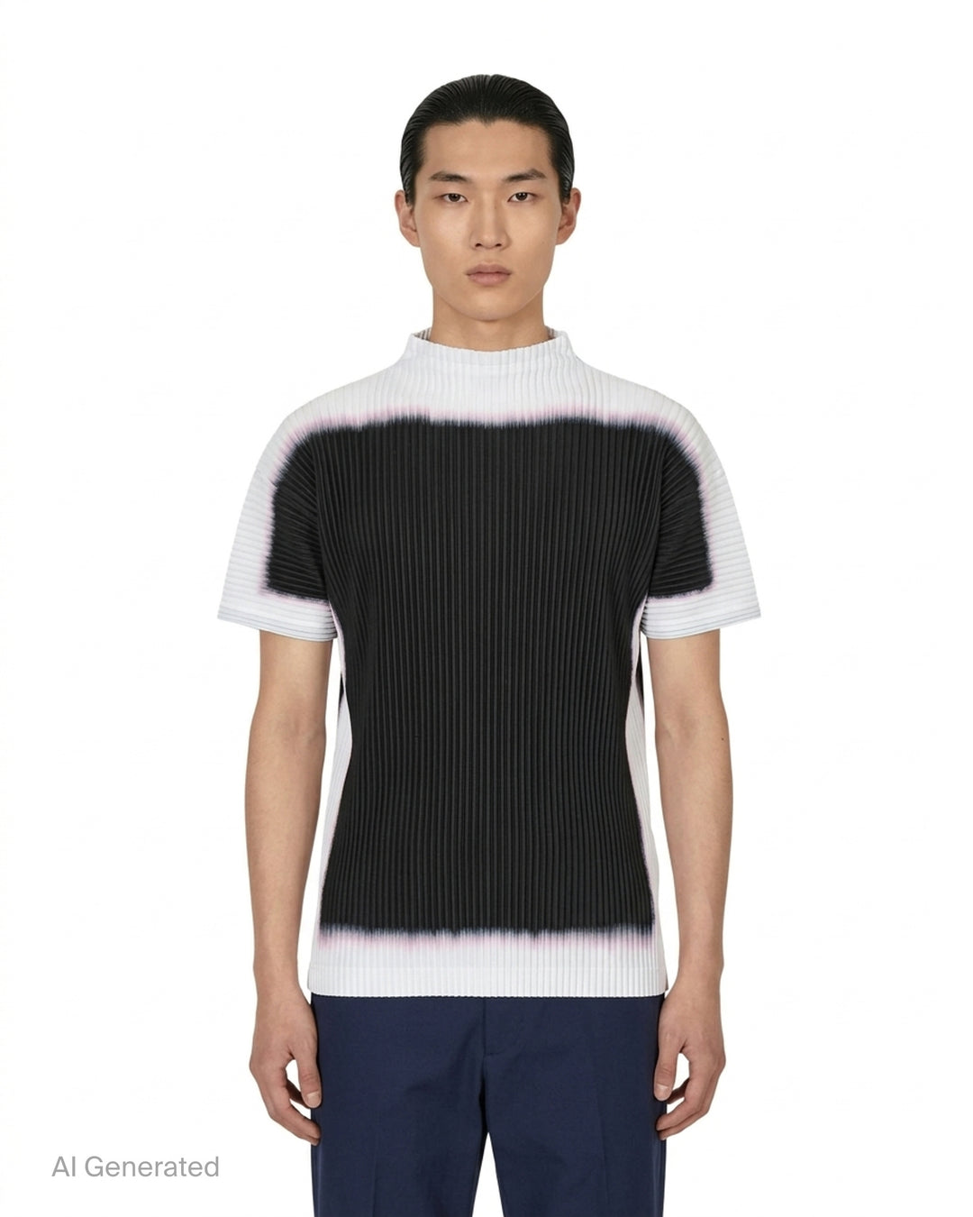 Back view of Homme Plissé Issey Miyake Framework : Chusen pleated short-sleeve top with high funnel neck and blurred black colour-block print edged in white and pink - front
