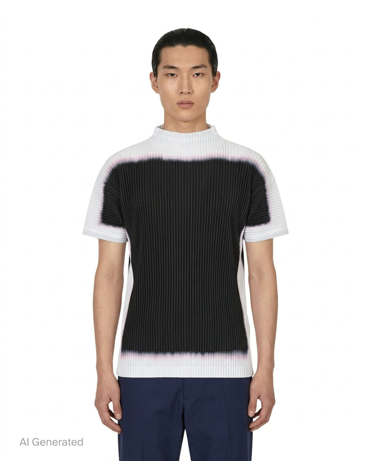 Back view of Homme Plissé Issey Miyake Framework : Chusen pleated short-sleeve top with high funnel neck and blurred black colour-block print edged in white and pink - front