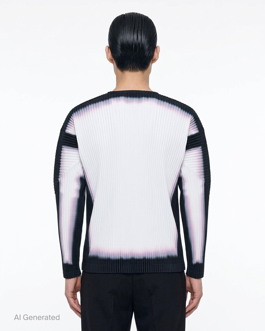 Homme Plissé Issey Miyake Framework : Chusen long sleeve pleated top in black and white with blurred gradient edges - back