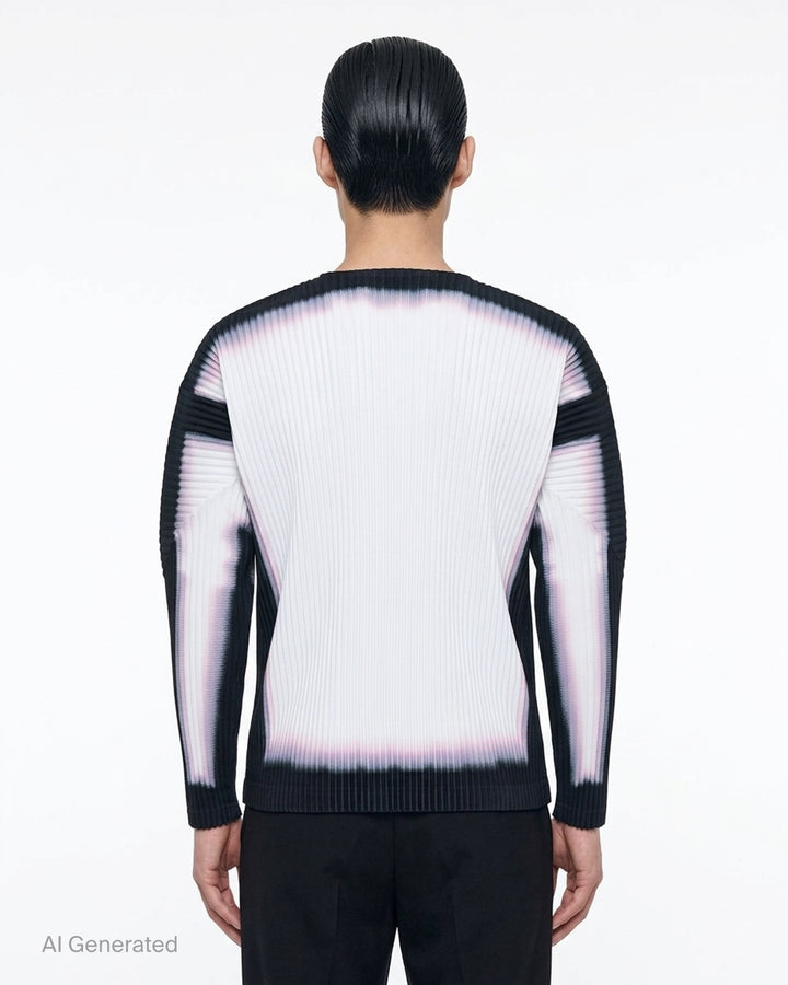 Homme Plissé Issey Miyake Framework : Chusen long sleeve pleated top in black and white with blurred gradient edges - back