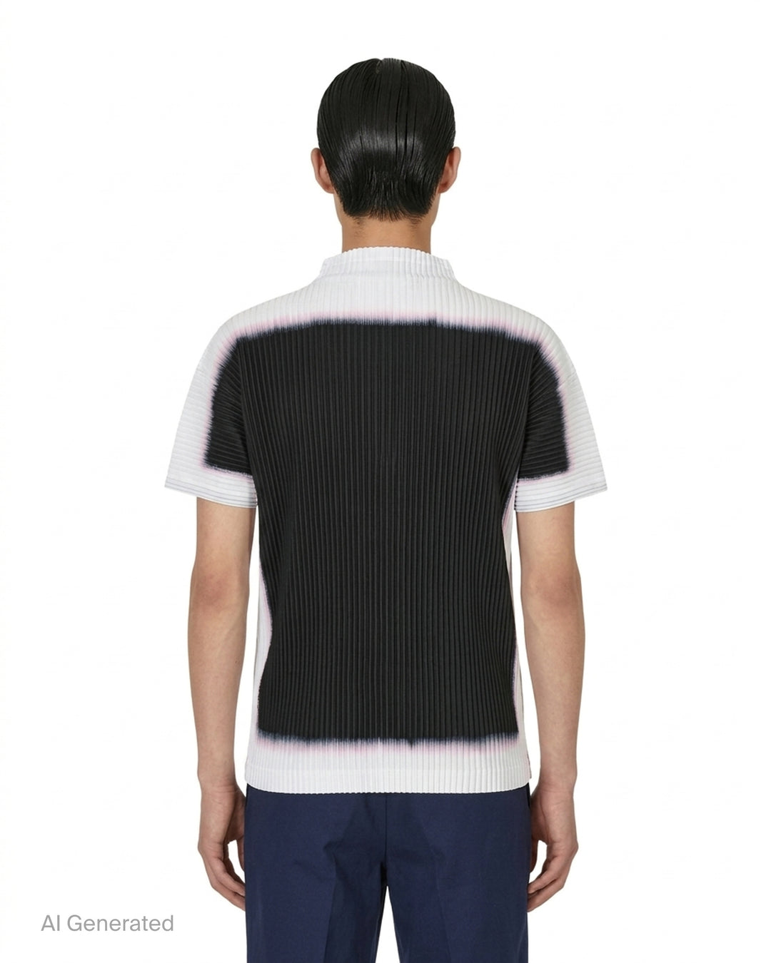 Back view of Homme Plissé Issey Miyake Framework : Chusen pleated short-sleeve top with high funnel neck and blurred black colour-block print edged in white and pink - back