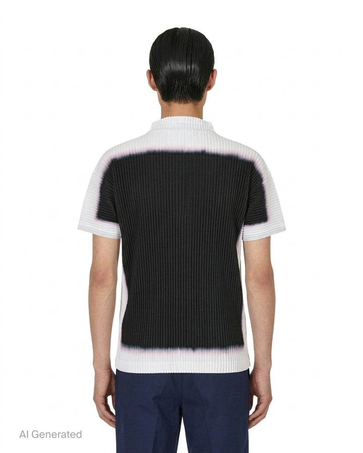 Back view of Homme Plissé Issey Miyake Framework : Chusen pleated short-sleeve top with high funnel neck and blurred black colour-block print edged in white and pink - back