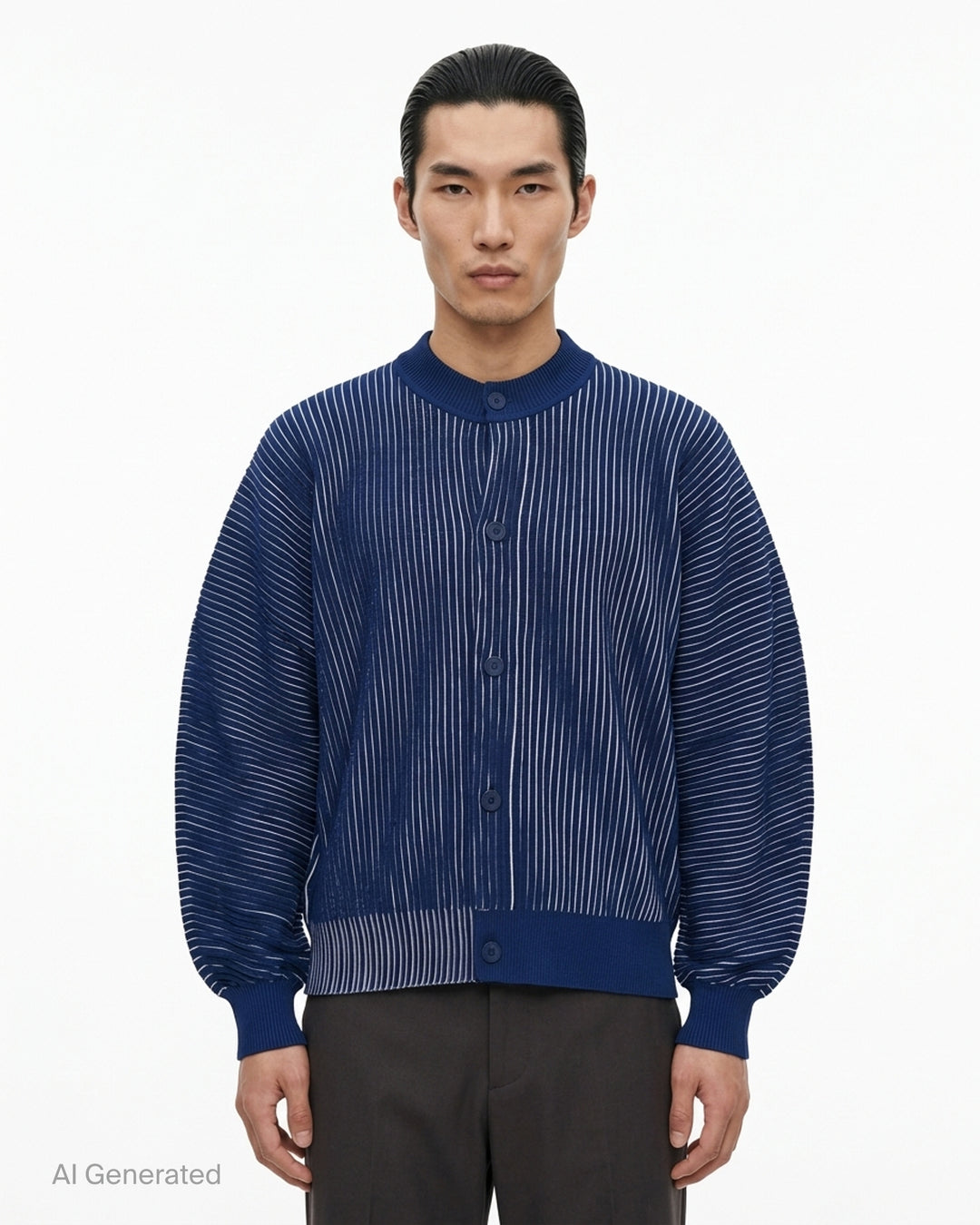 Homme Plissé Issey Miyake In The Shadow Knit cardigan in black with white ribbed lines, button front and rounded sleeves - front