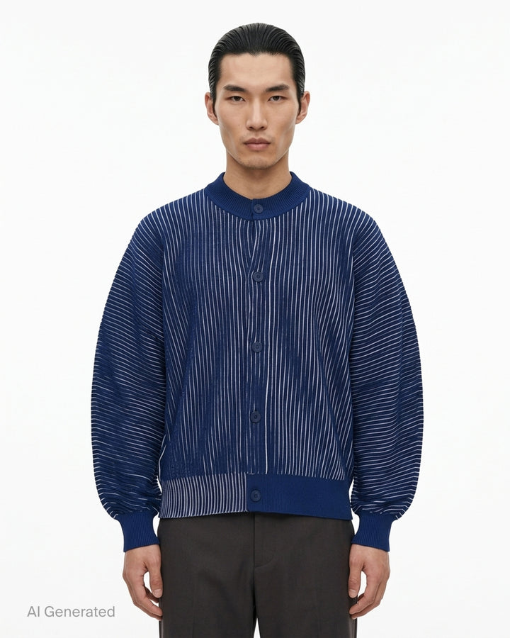 Homme Plissé Issey Miyake In The Shadow Knit cardigan in black with white ribbed lines, button front and rounded sleeves - front