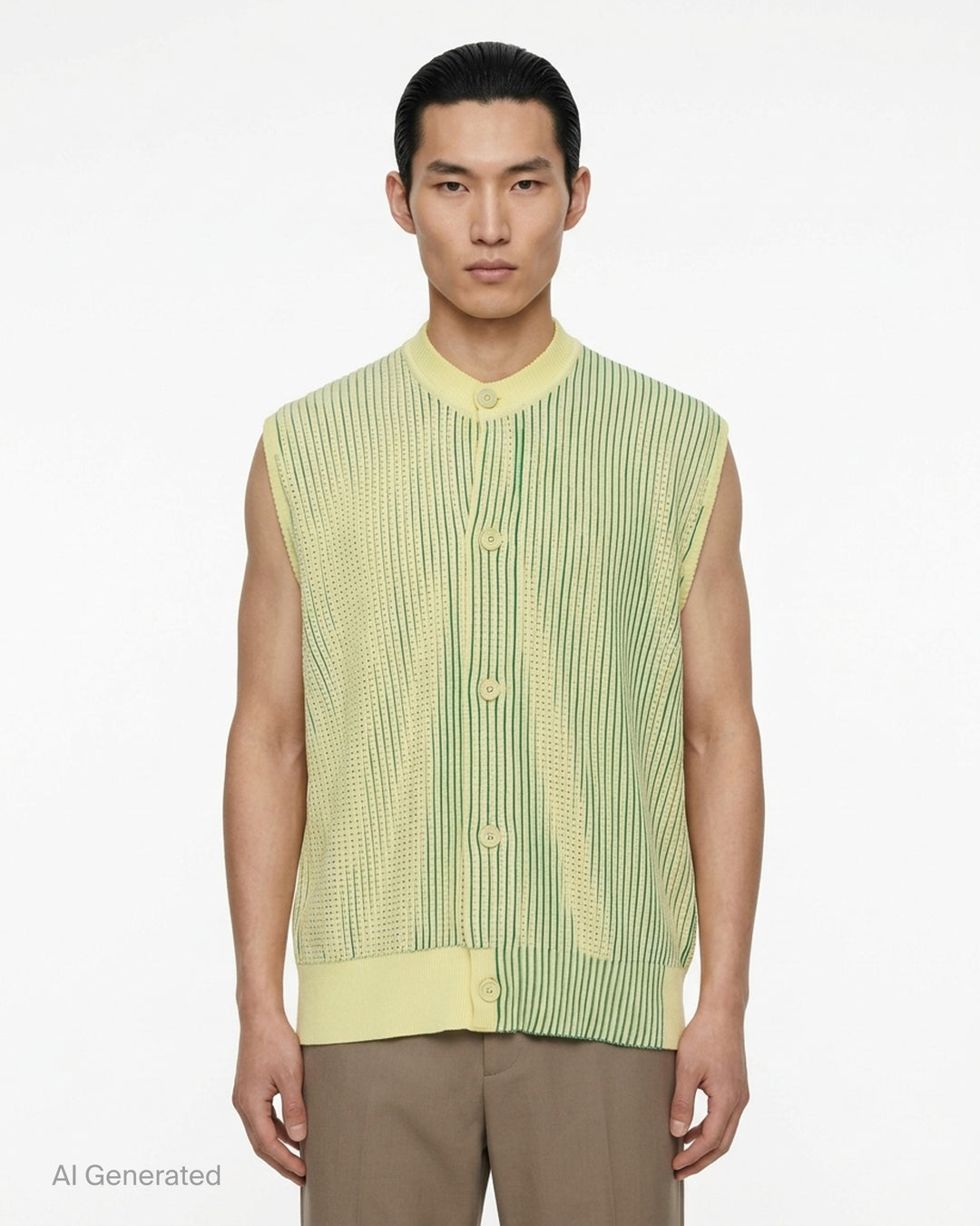 Homme Plissé Issey Miyake In The Shadow Knit sleeveless button-up cardigan in black and white vertical ribbed stripes - front