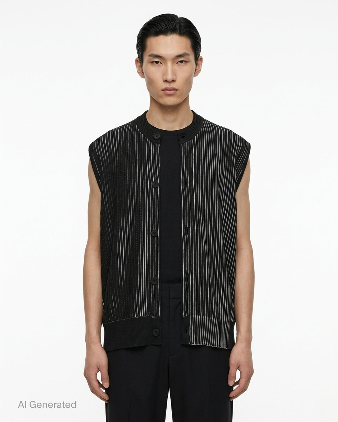 Homme Plissé Issey Miyake In The Shadow Knit sleeveless button-up cardigan in black and white vertical ribbed stripes - front