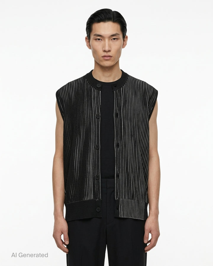 Homme Plissé Issey Miyake In The Shadow Knit sleeveless button-up cardigan in black and white vertical ribbed stripes - front