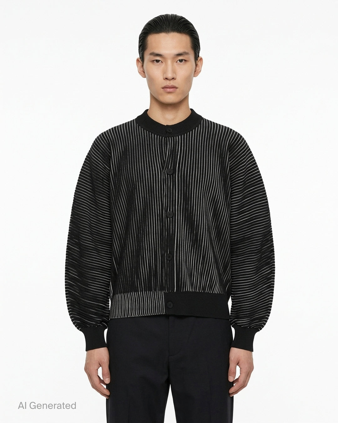 Homme Plissé Issey Miyake In The Shadow Knit cardigan in black with white ribbed lines, button front and rounded sleeves - front