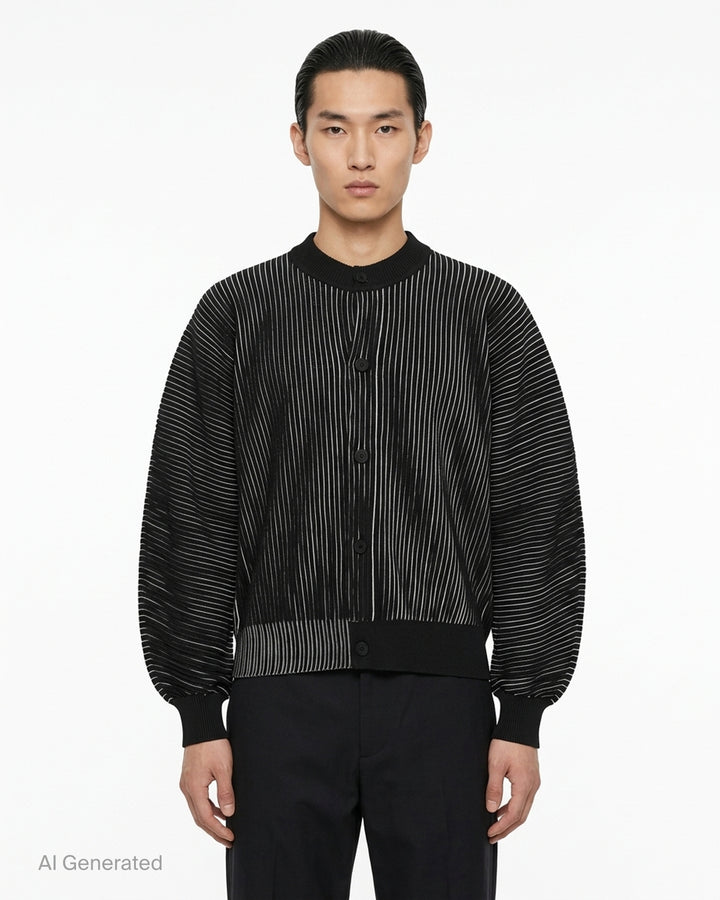 Homme Plissé Issey Miyake In The Shadow Knit cardigan in black with white ribbed lines, button front and rounded sleeves - front