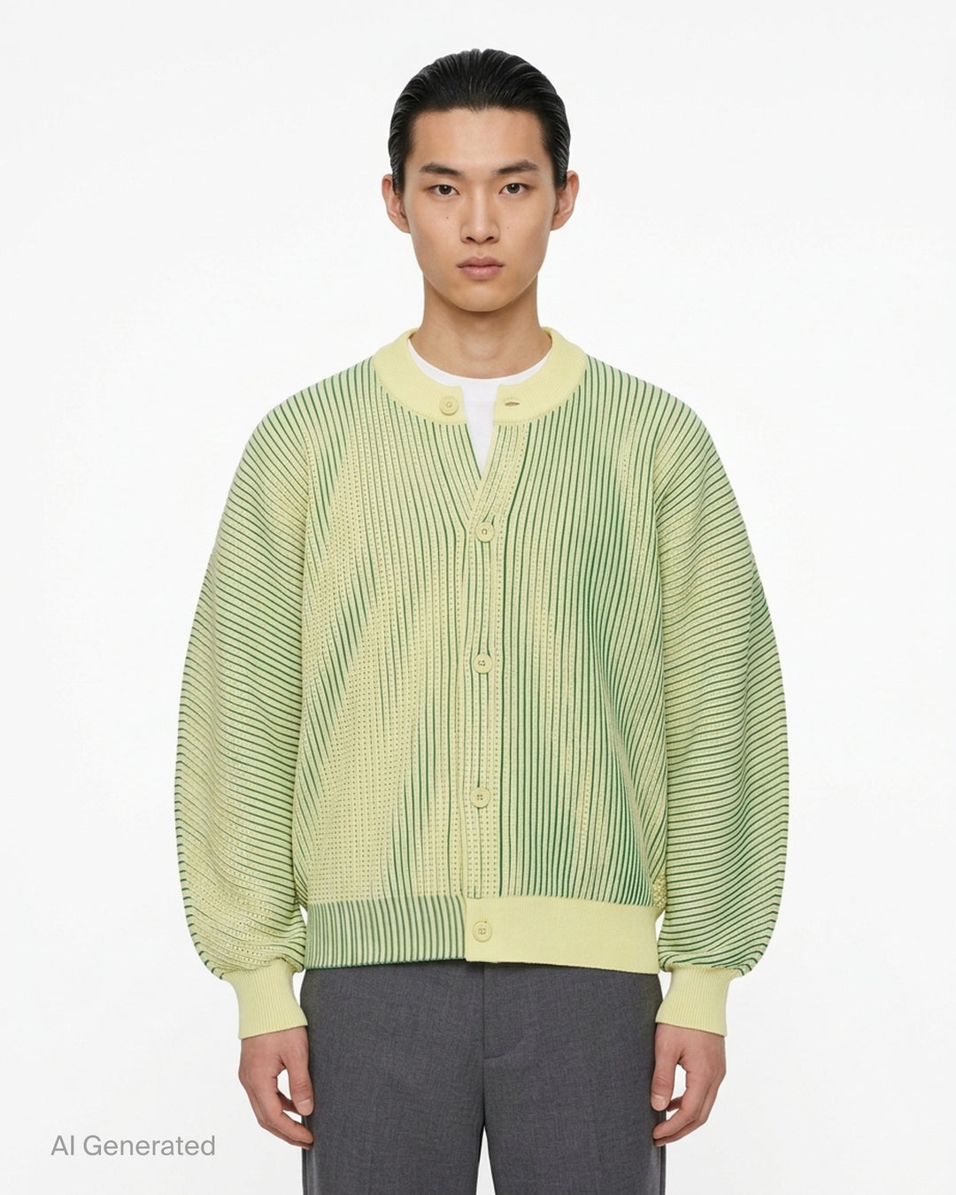 Homme Plissé Issey Miyake In The Shadow Knit cardigan in black with white ribbed lines, button front and rounded sleeves - front