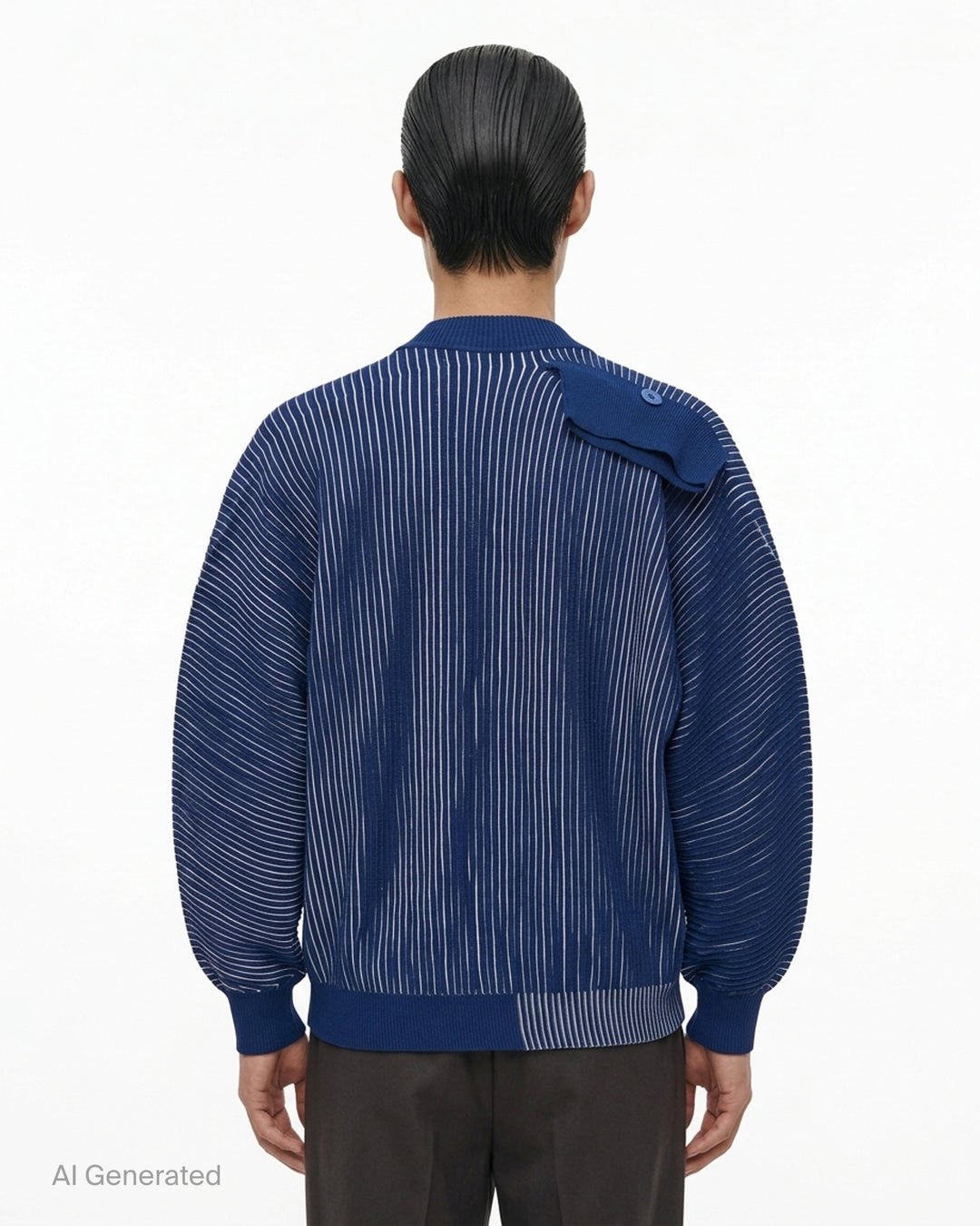 Homme Plissé Issey Miyake In The Shadow Knit cardigan in black with white ribbed lines, button front and rounded sleeves - back