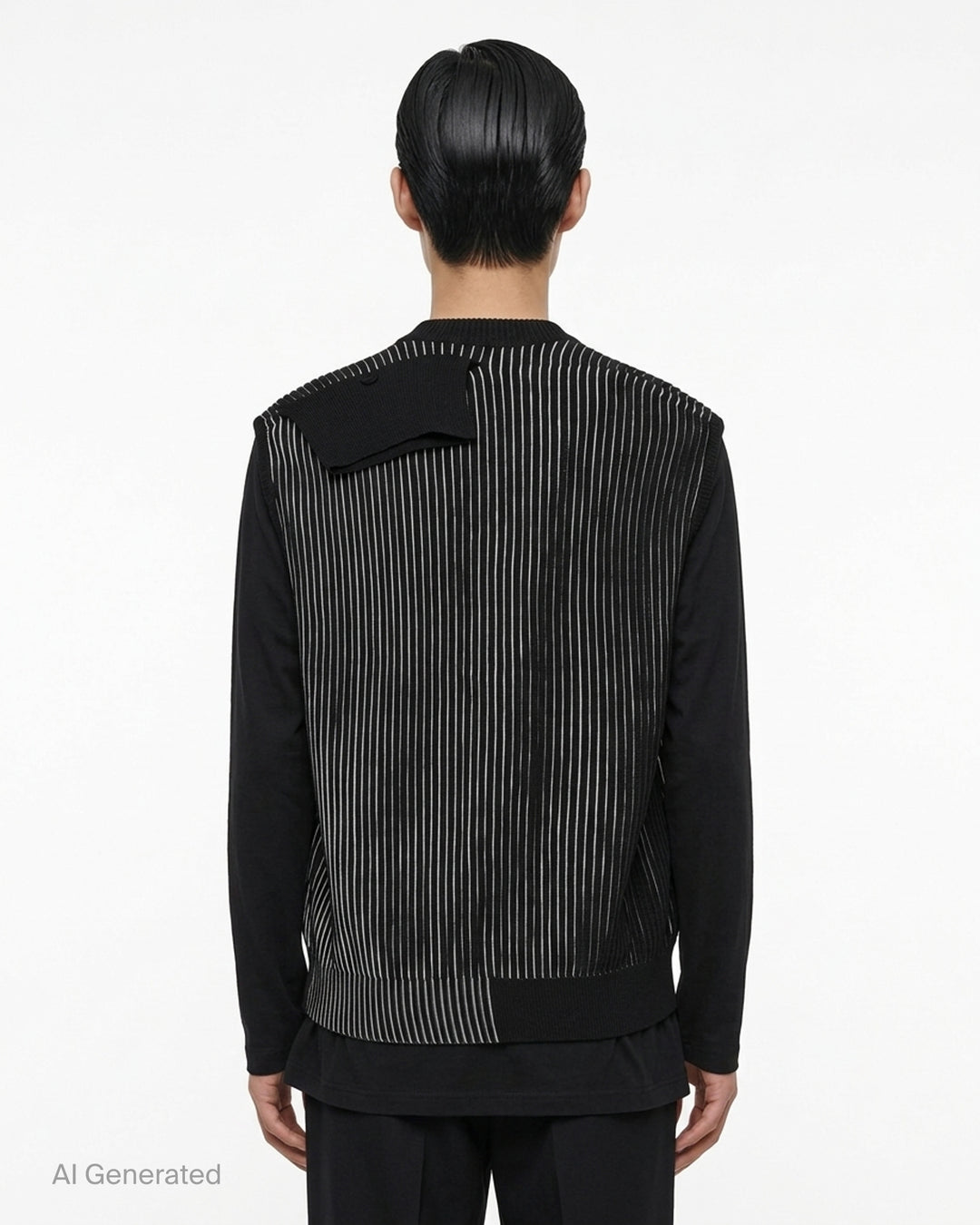 Homme Plissé Issey Miyake In The Shadow Knit sleeveless button-up cardigan in black and white vertical ribbed stripes - back