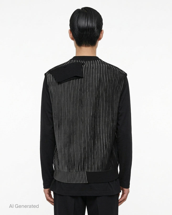 Homme Plissé Issey Miyake In The Shadow Knit sleeveless button-up cardigan in black and white vertical ribbed stripes - back