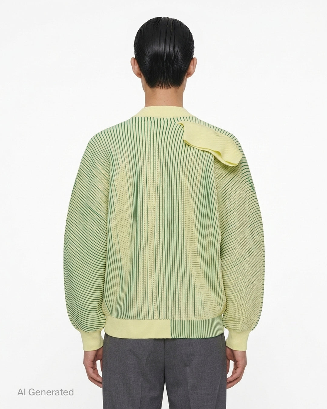 Homme Plissé Issey Miyake In The Shadow Knit cardigan in black with white ribbed lines, button front and rounded sleeves - back