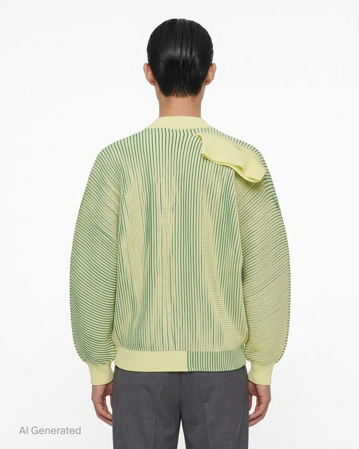 Homme Plissé Issey Miyake In The Shadow Knit cardigan in black with white ribbed lines, button front and rounded sleeves - back