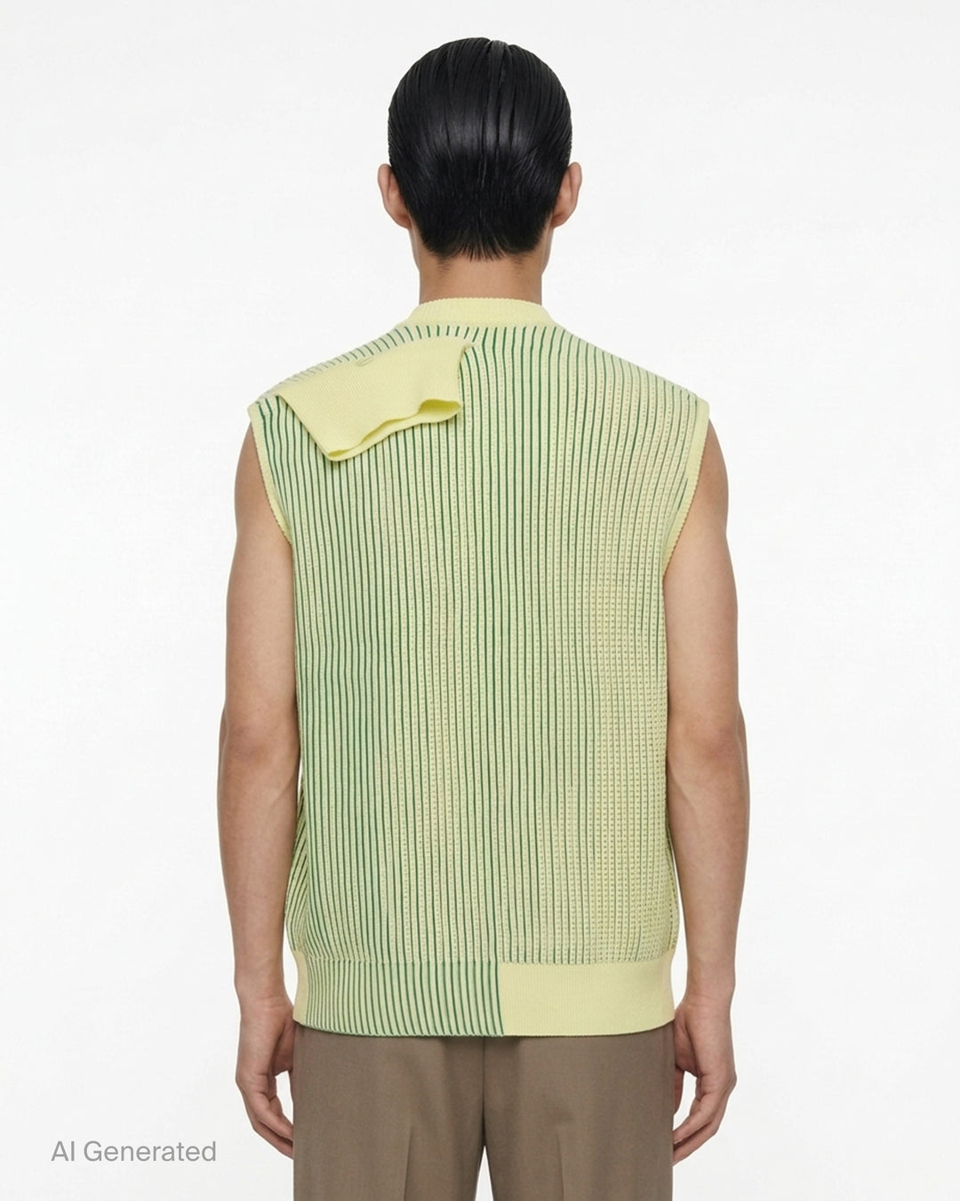 Homme Plissé Issey Miyake In The Shadow Knit sleeveless button-up cardigan in black and white vertical ribbed stripes - back