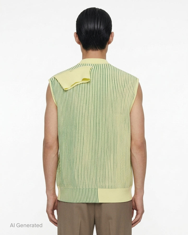 Homme Plissé Issey Miyake In The Shadow Knit sleeveless button-up cardigan in black and white vertical ribbed stripes - back