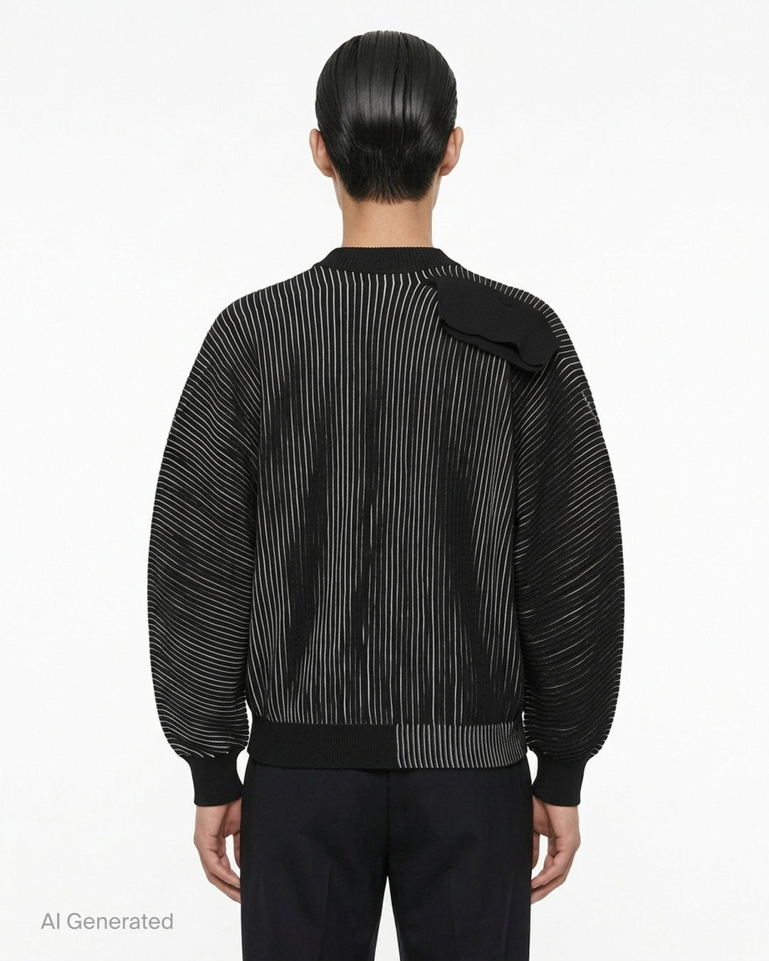 Homme Plissé Issey Miyake In The Shadow Knit cardigan in black with white ribbed lines, button front and rounded sleeves - back