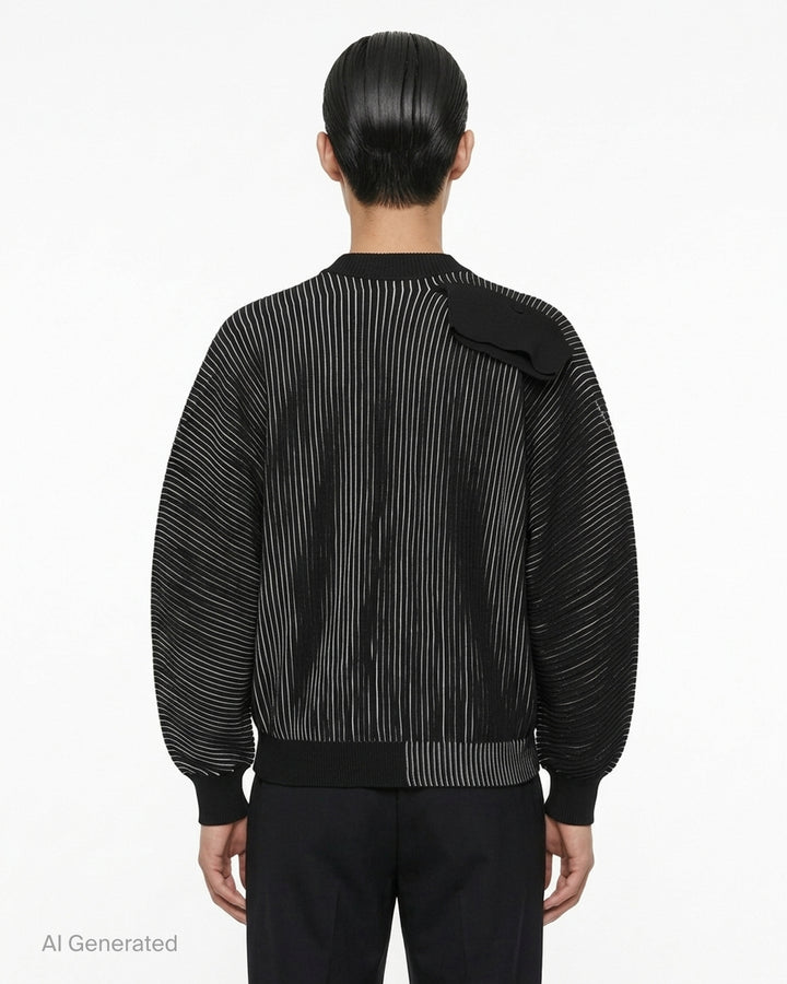 Homme Plissé Issey Miyake In The Shadow Knit cardigan in black with white ribbed lines, button front and rounded sleeves - back