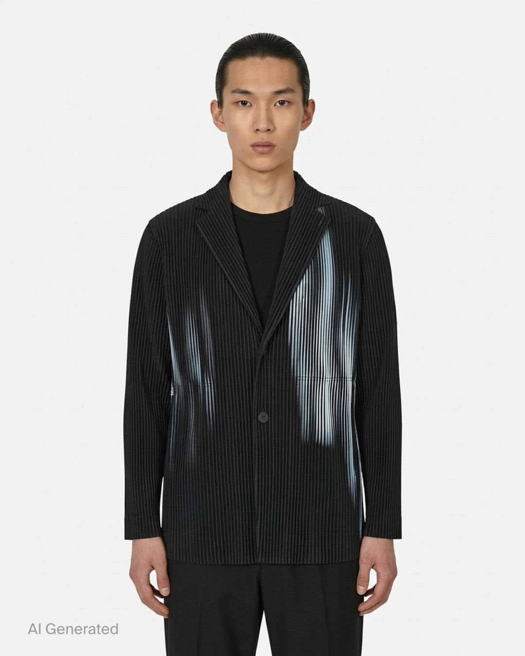 Black micro-pleated single-button jacket by Homme Plissé Issey Miyake with notched lapels and a blurred pale blue shadow print across the front - front