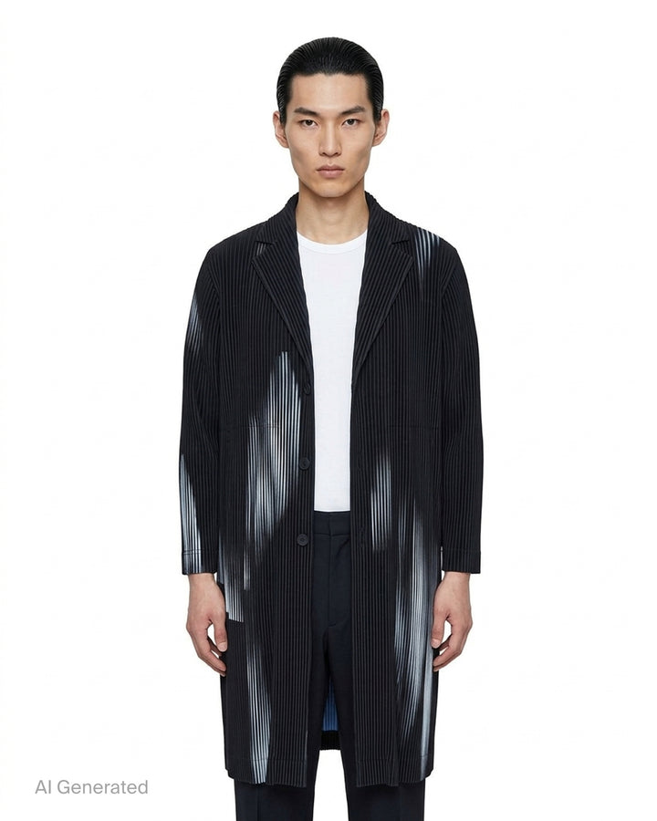 Homme Plissé Issey Miyake In The Shadow long pleated coat in black with blurred pale blue brushstroke print and light blue lining at the collar - front