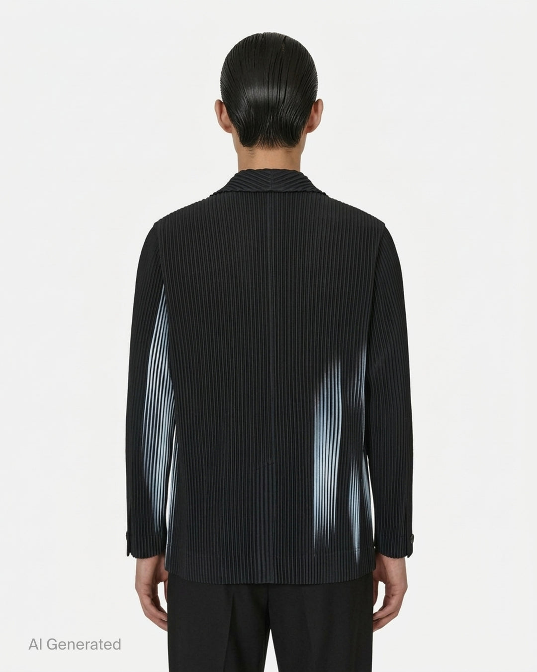 Black micro-pleated single-button jacket by Homme Plissé Issey Miyake with notched lapels and a blurred pale blue shadow print across the front - back