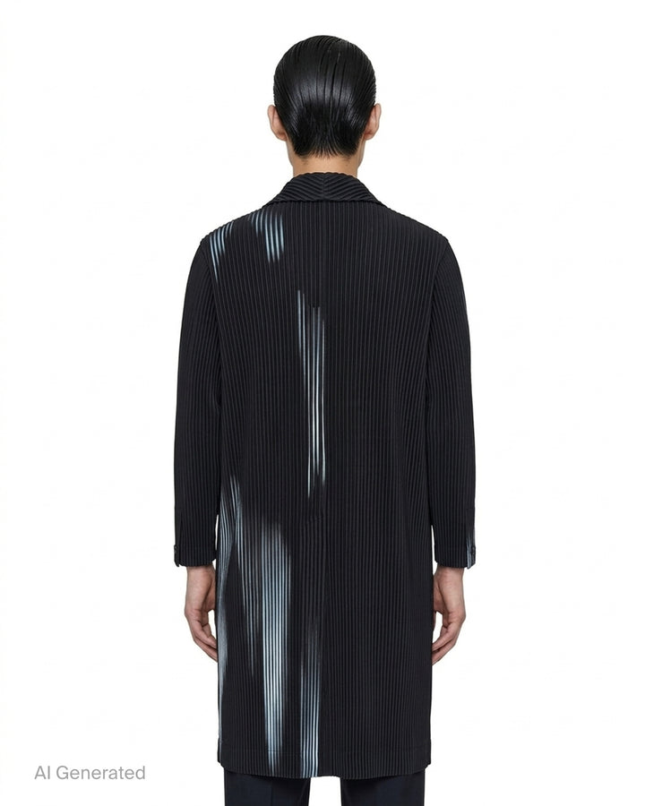 Homme Plissé Issey Miyake In The Shadow long pleated coat in black with blurred pale blue brushstroke print and light blue lining at the collar - back