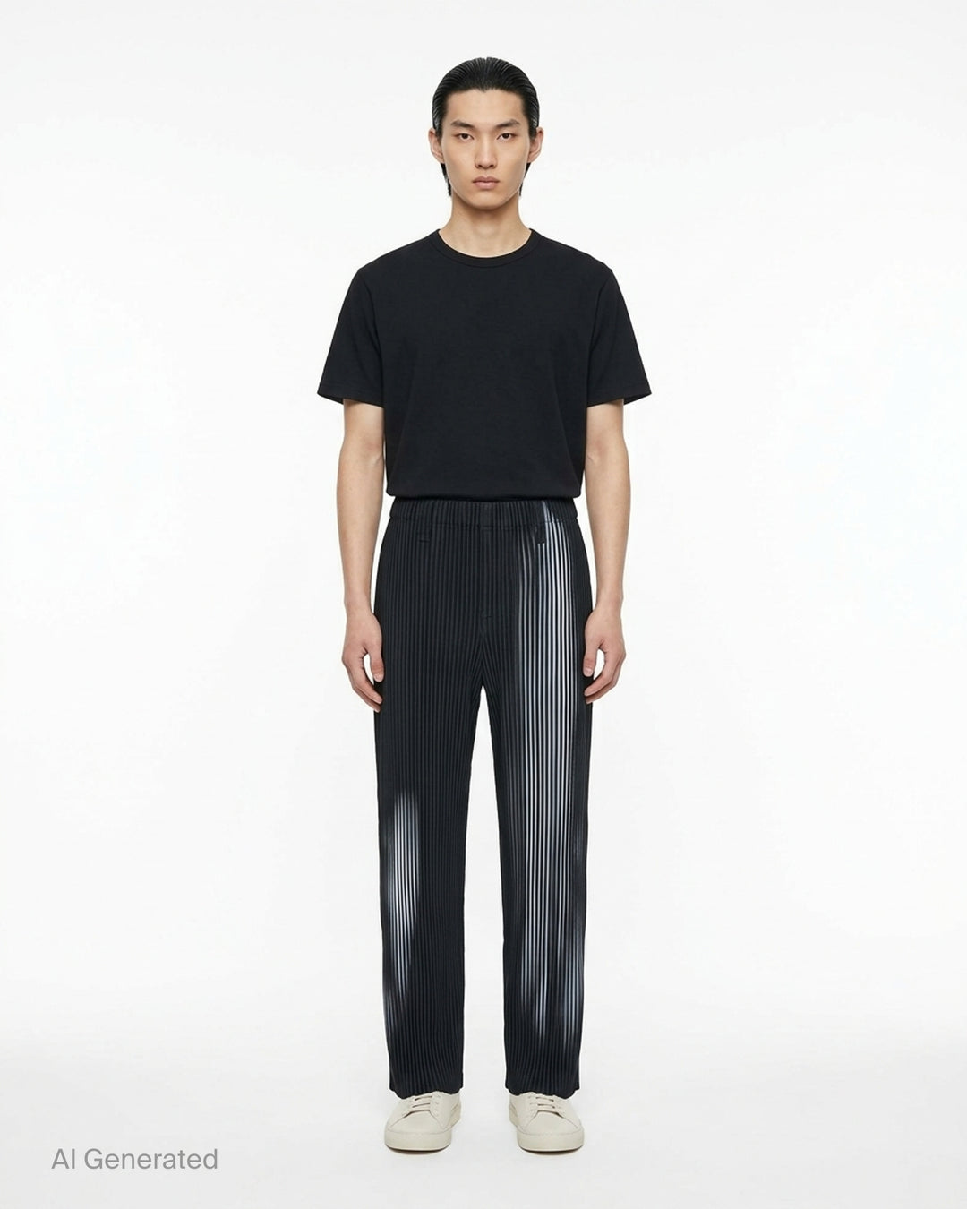 Homme Plissé Issey Miyake In The Shadow pleated pants in black with a blurred grey-blue vertical stripe print, shown from the front - front