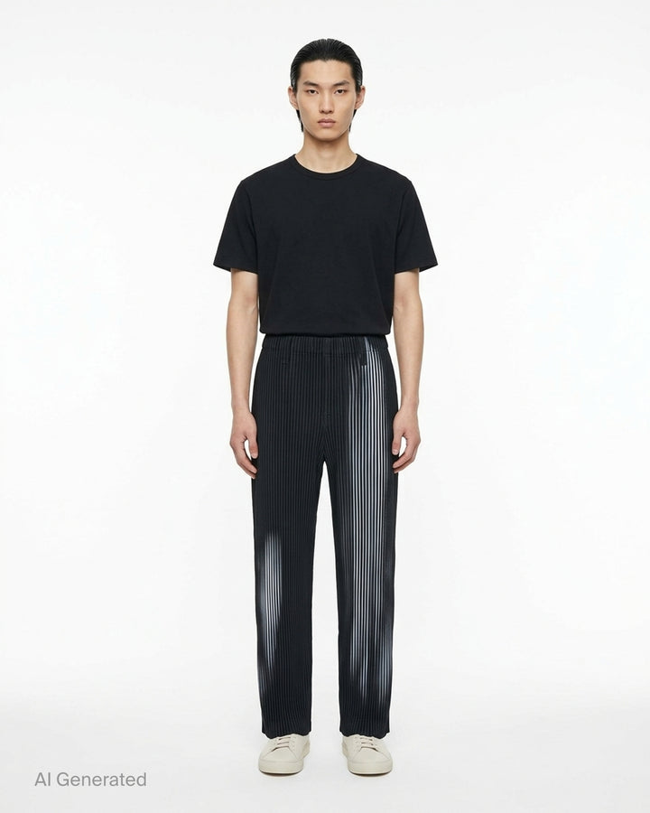 Homme Plissé Issey Miyake In The Shadow pleated pants in black with a blurred grey-blue vertical stripe print, shown from the front - front