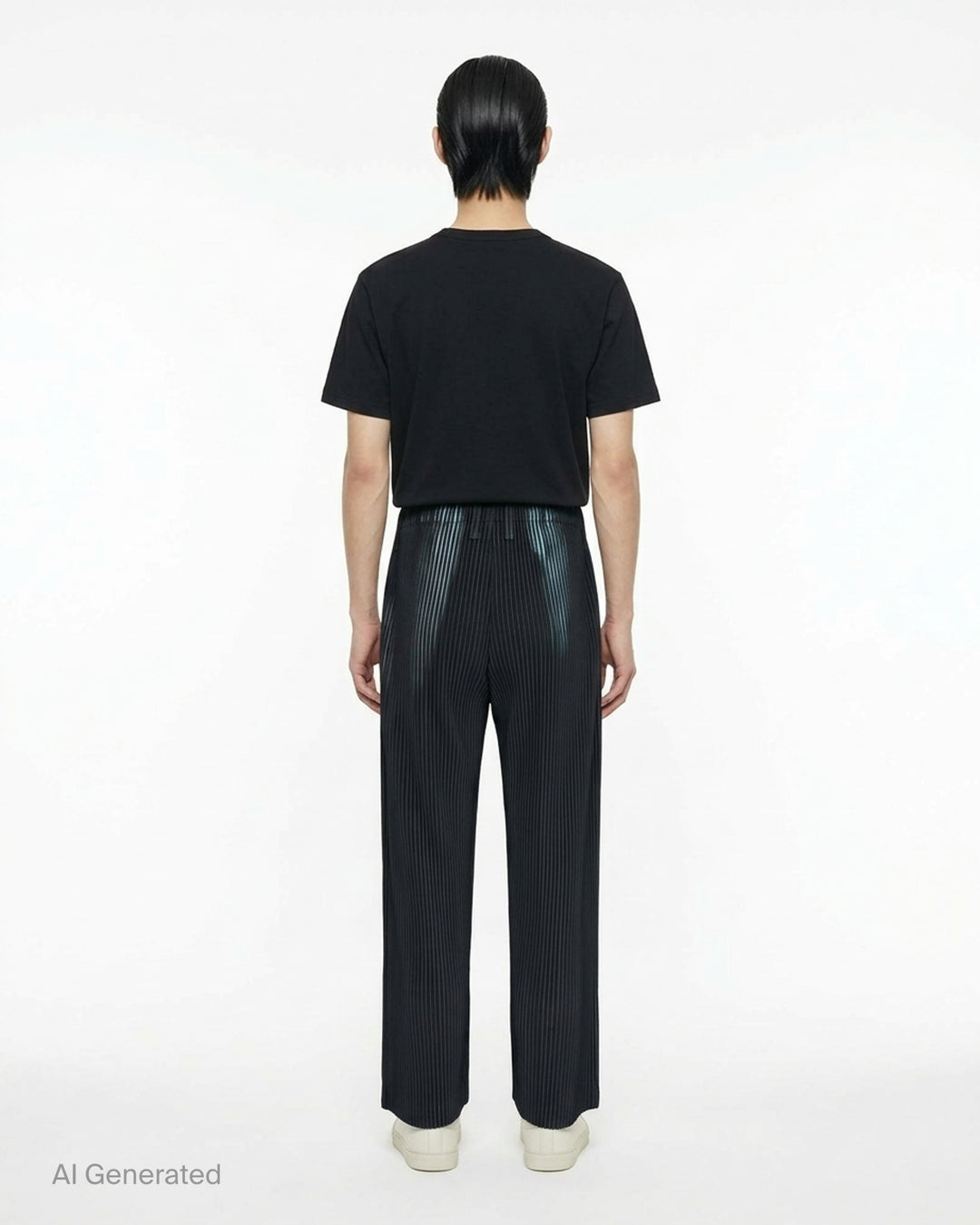 Homme Plissé Issey Miyake In The Shadow pleated pants in black with a blurred grey-blue vertical stripe print, shown from the front - back