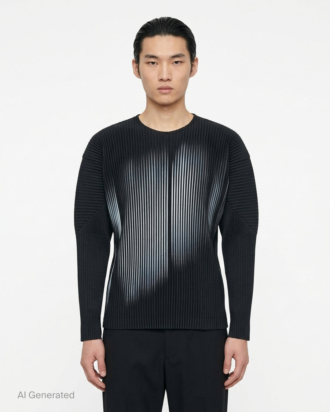 Black long-sleeve pleated crew neck top by Homme Plissé Issey Miyake with a grey-blue gradient shadow print across the front - front
