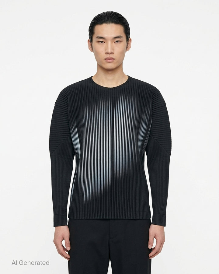 Black long-sleeve pleated crew neck top by Homme Plissé Issey Miyake with a grey-blue gradient shadow print across the front - front