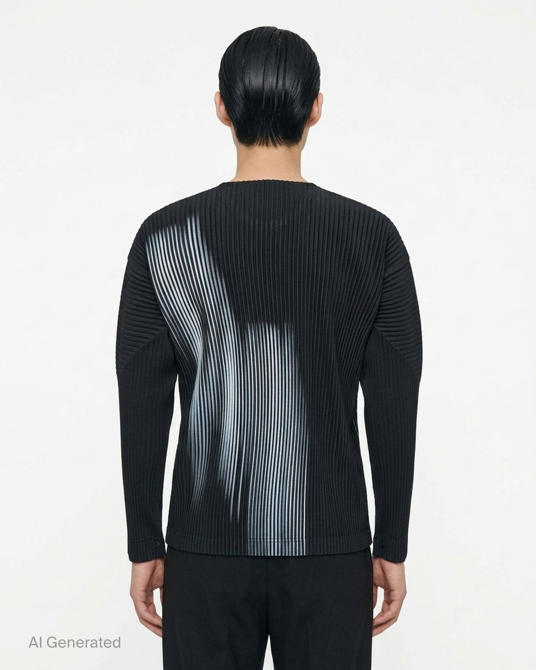 Black long-sleeve pleated crew neck top by Homme Plissé Issey Miyake with a grey-blue gradient shadow print across the front - back