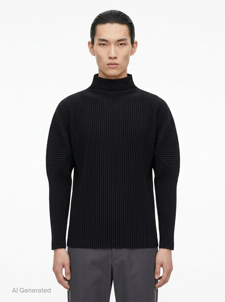 Homme Plissé Issey Miyake black micro-pleated long sleeve turtleneck, rear view showing signature accordion-pleat texture across body and sleeves - front