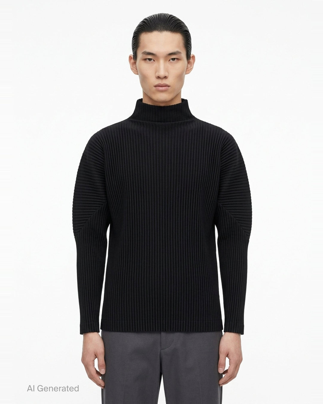 Homme Plissé Issey Miyake black micro-pleated long sleeve turtleneck, rear view showing signature accordion-pleat texture across body and sleeves - front