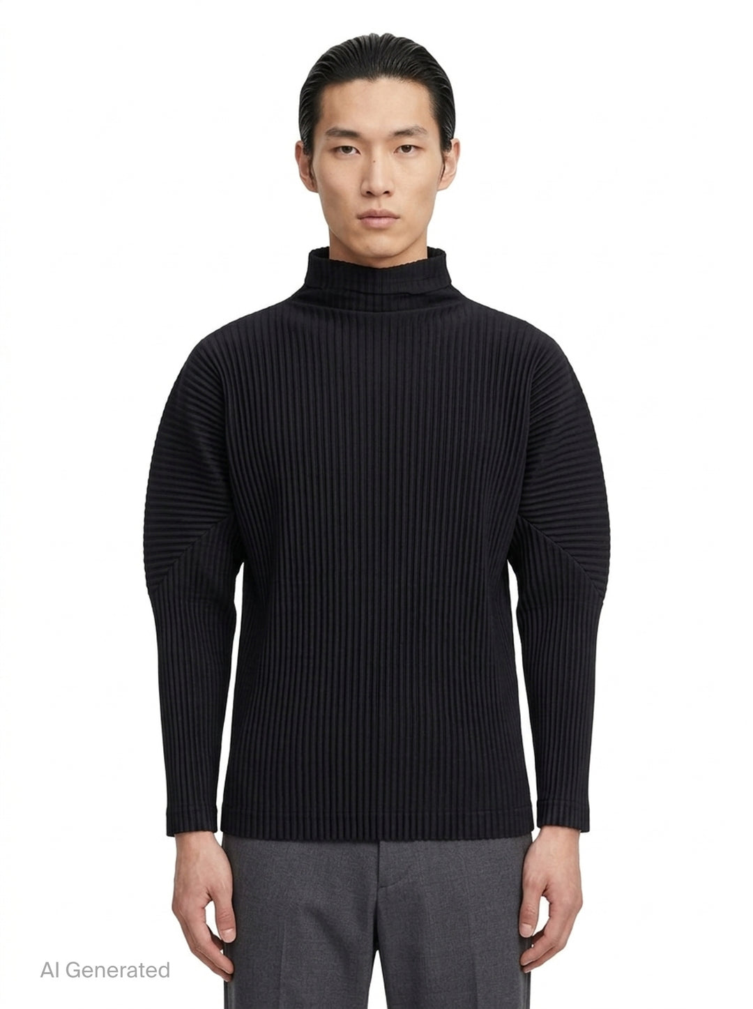 Homme Plissé Issey Miyake black micro-pleated long sleeve turtleneck, rear view showing signature accordion-pleat texture across body and sleeves - front