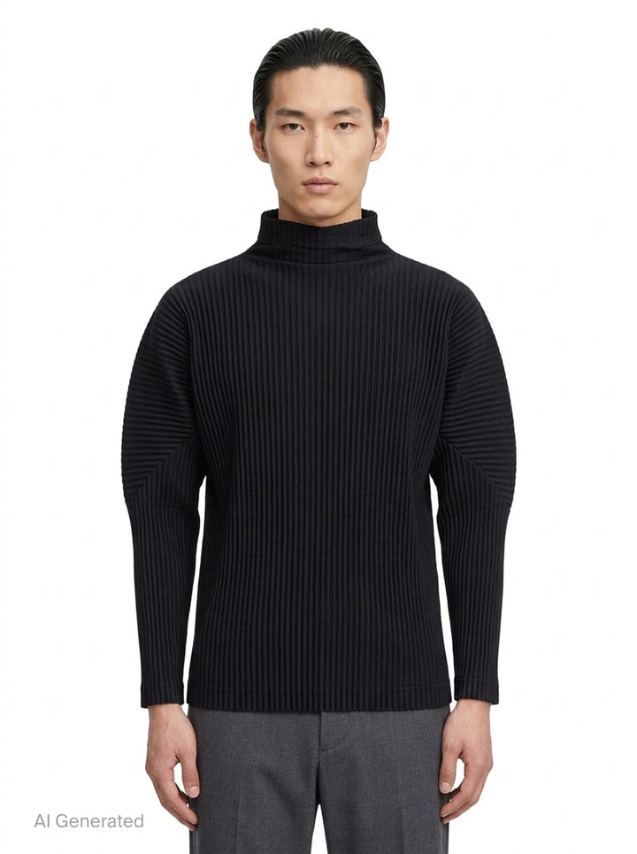 Homme Plissé Issey Miyake black micro-pleated long sleeve turtleneck, rear view showing signature accordion-pleat texture across body and sleeves - front