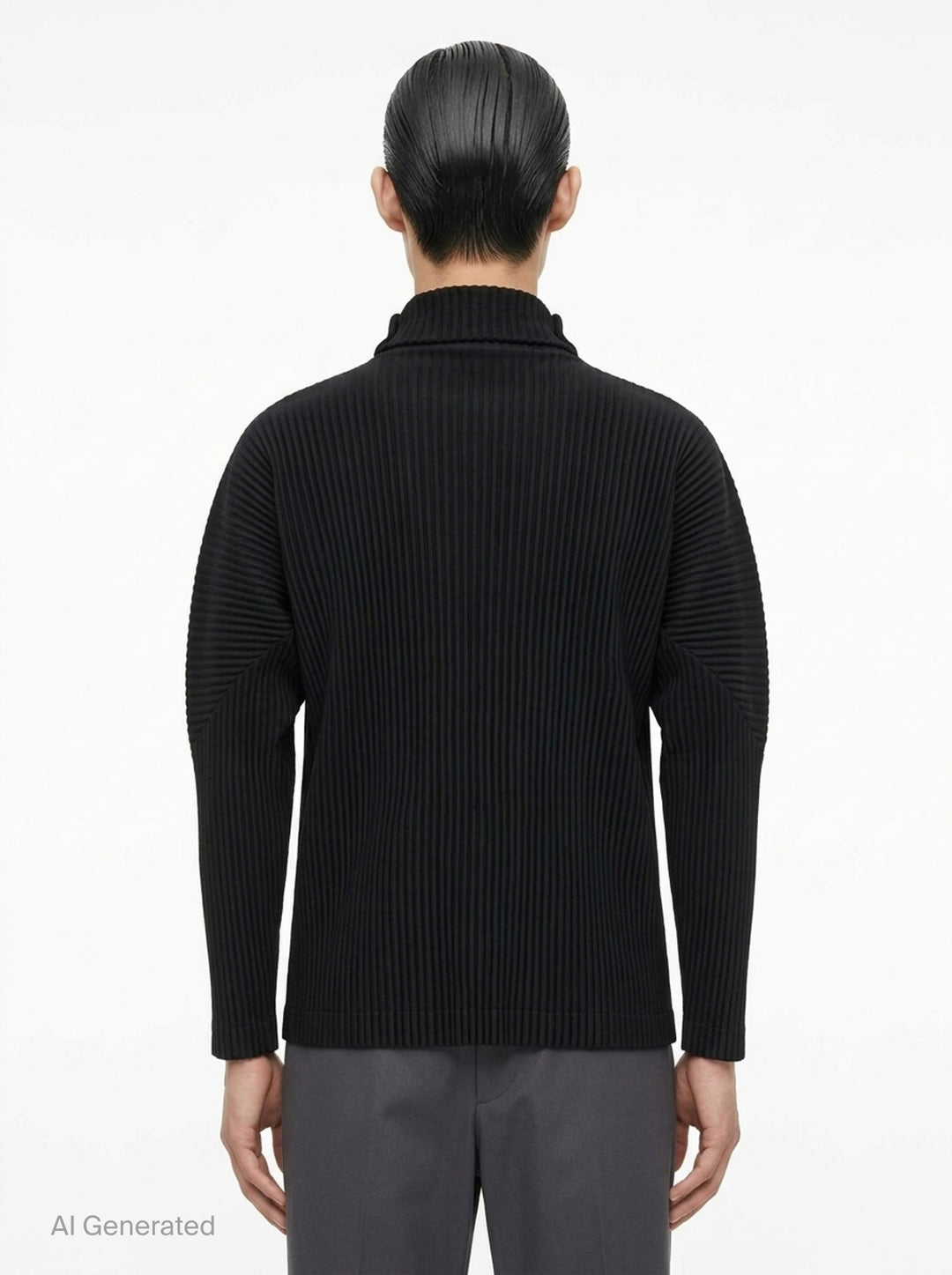 Homme Plissé Issey Miyake black micro-pleated long sleeve turtleneck, rear view showing signature accordion-pleat texture across body and sleeves - back