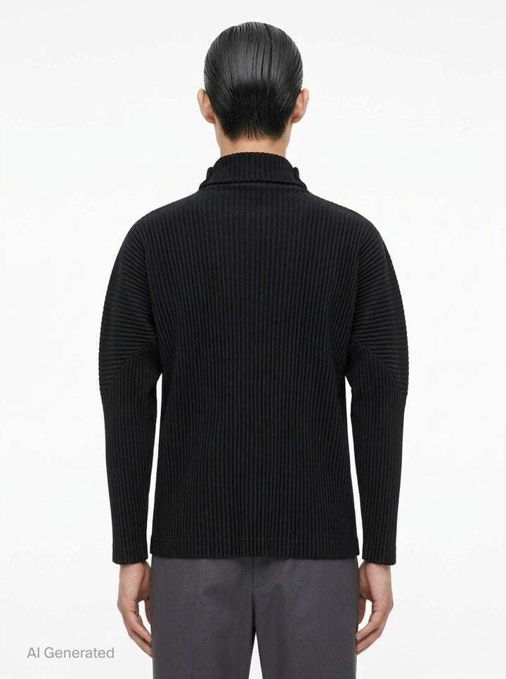 Homme Plissé Issey Miyake black micro-pleated long sleeve turtleneck, rear view showing signature accordion-pleat texture across body and sleeves - back