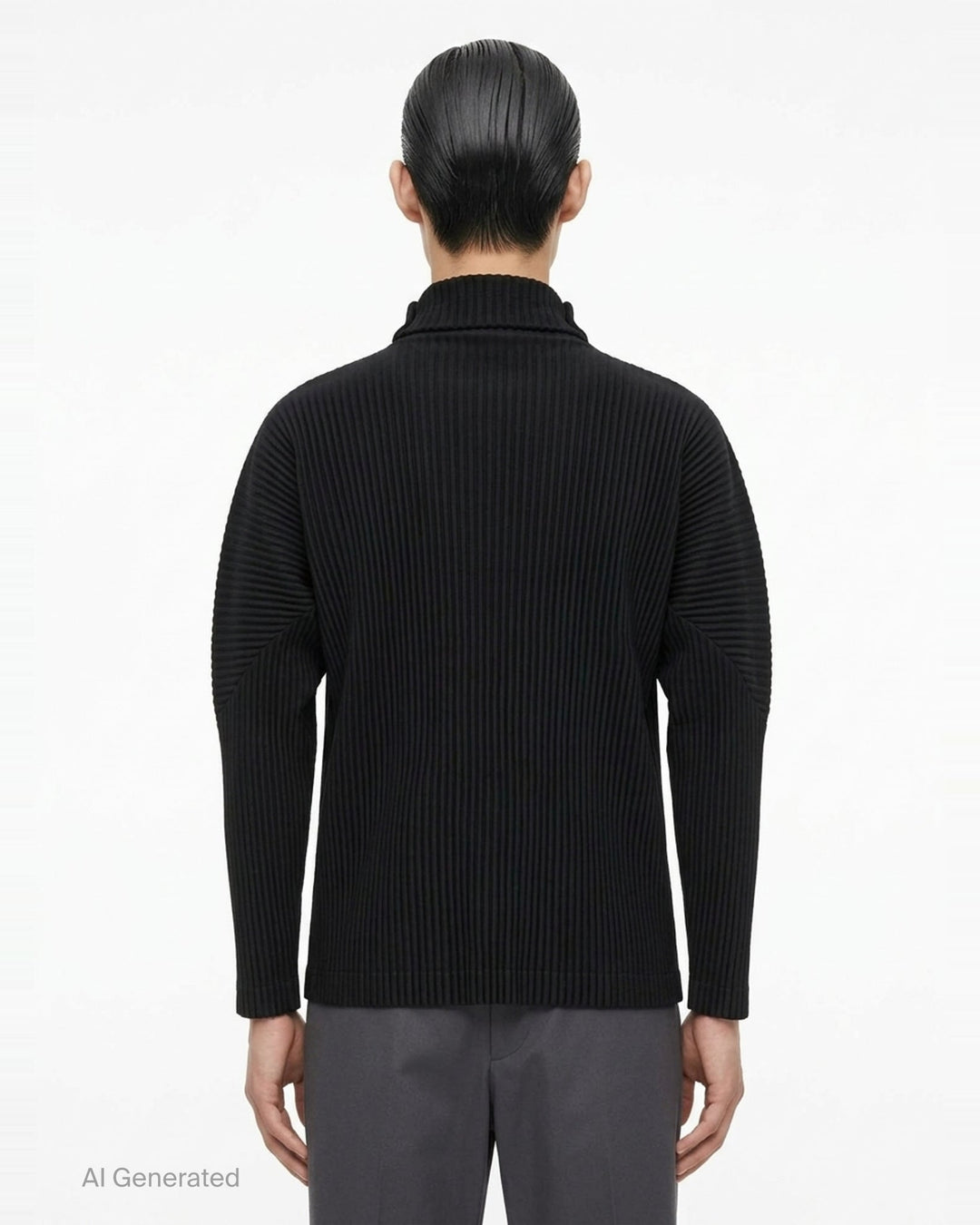 Homme Plissé Issey Miyake black micro-pleated long sleeve turtleneck, rear view showing signature accordion-pleat texture across body and sleeves - back