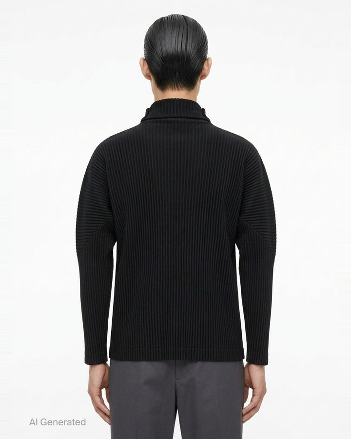 Homme Plissé Issey Miyake black micro-pleated long sleeve turtleneck, rear view showing signature accordion-pleat texture across body and sleeves - back