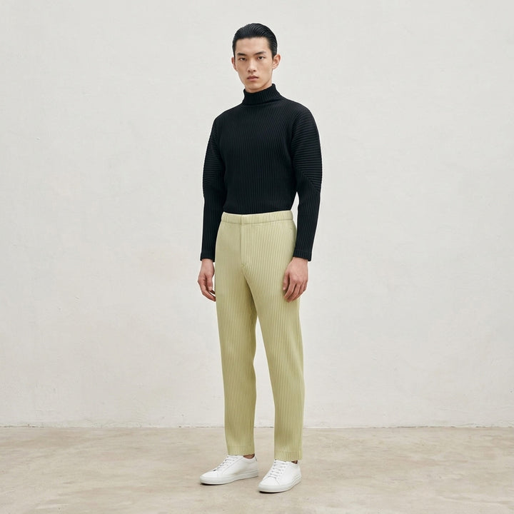 Homme Plissé Issey Miyake black micro-pleated long sleeve turtleneck, rear view showing signature accordion-pleat texture across body and sleeves - lifestyle