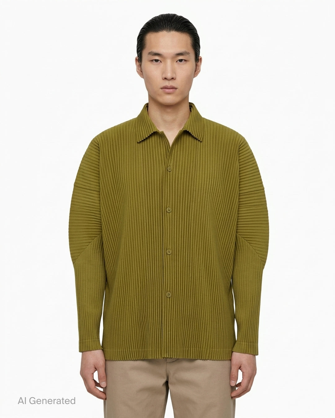 Black long-sleeve pleated button-up shirt by Homme Plissé Issey Miyake from the Monthly Colors October collection, shown from the front - front