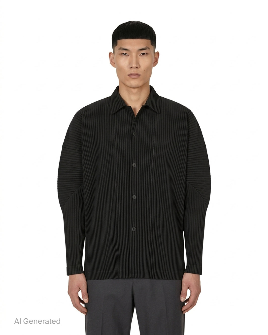 Black long-sleeve pleated button-up shirt by Homme Plissé Issey Miyake from the Monthly Colors October collection, shown from the front - front