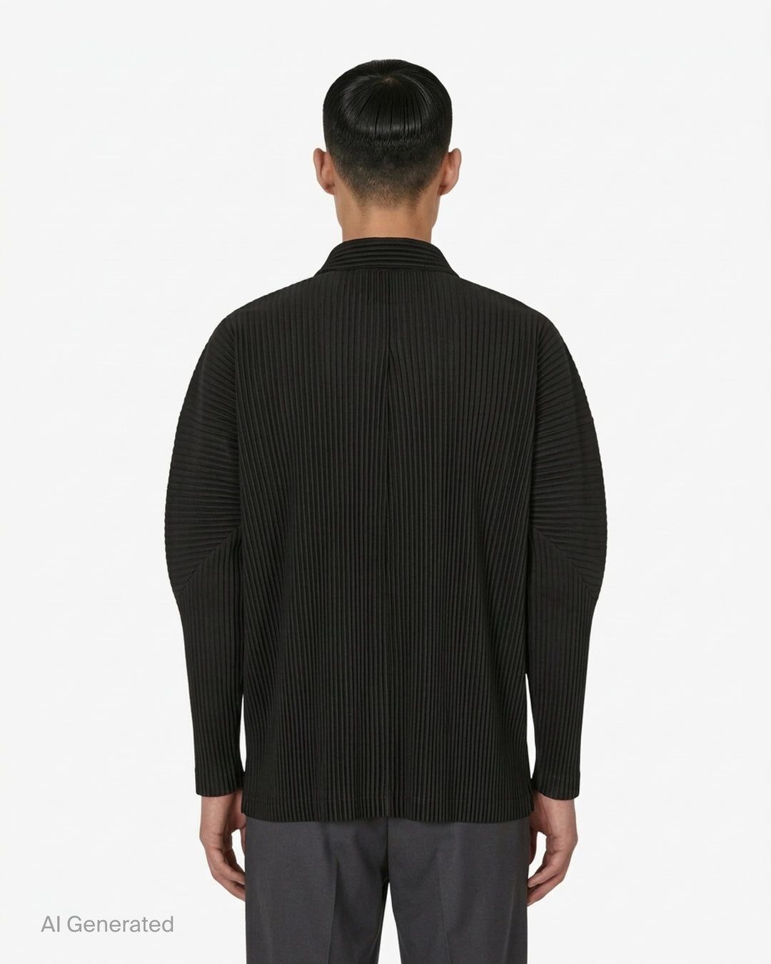 Black long-sleeve pleated button-up shirt by Homme Plissé Issey Miyake from the Monthly Colors October collection, shown from the front - back