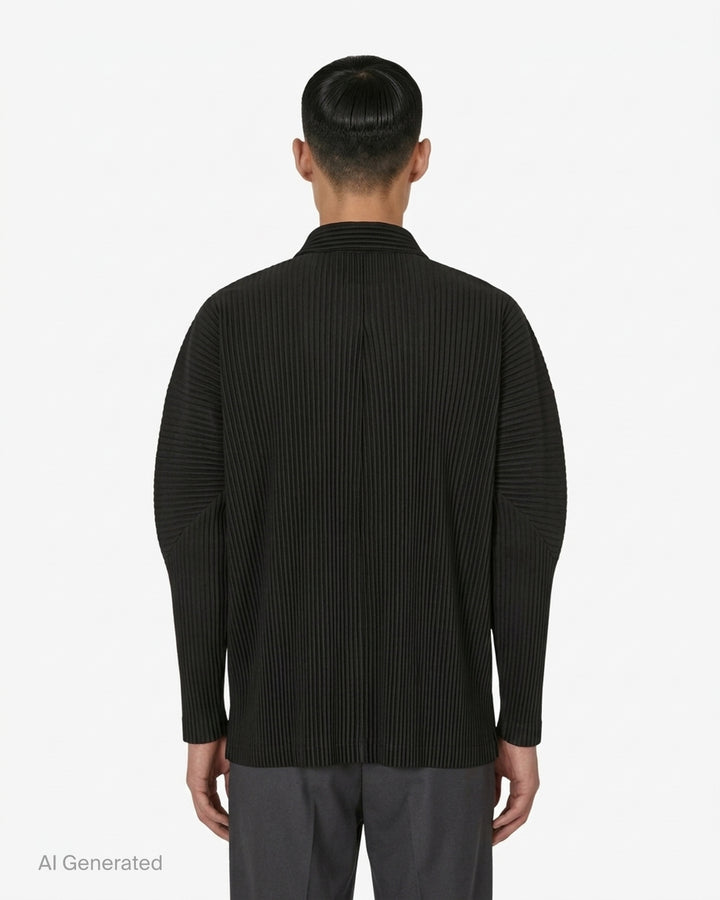 Black long-sleeve pleated button-up shirt by Homme Plissé Issey Miyake from the Monthly Colors October collection, shown from the front - back