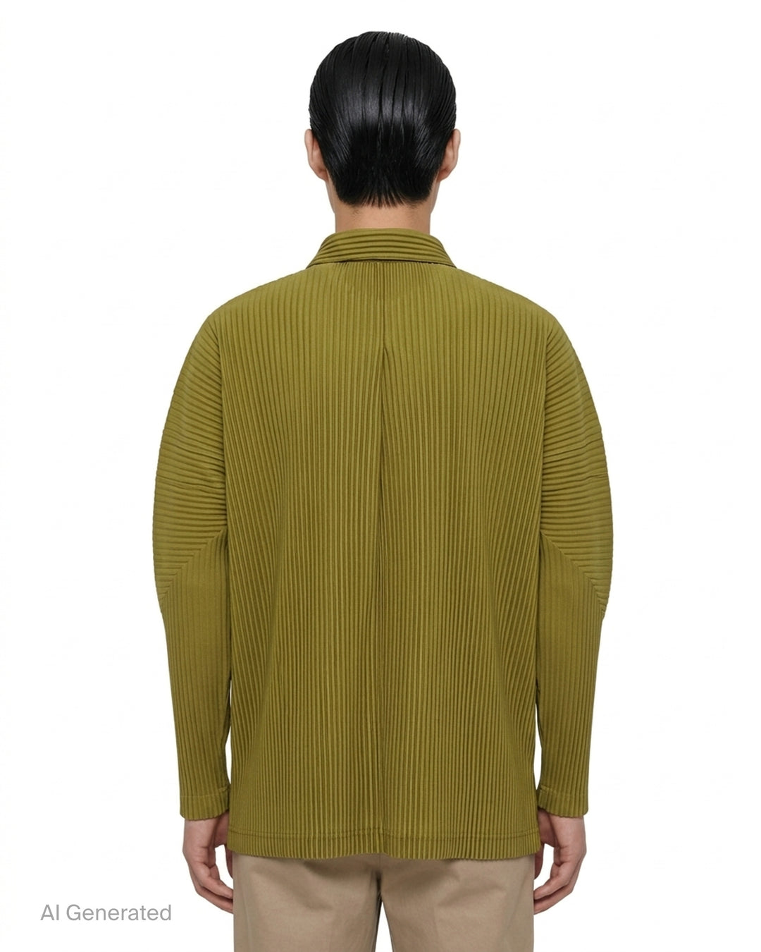 Black long-sleeve pleated button-up shirt by Homme Plissé Issey Miyake from the Monthly Colors October collection, shown from the front - back
